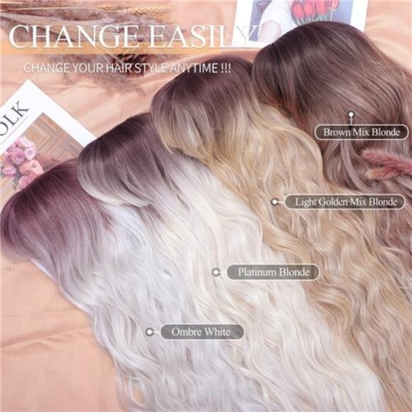 LONG Curly Wavy Synthetic Hair Wigs with Bangs for Women Light Golden Mix Blonde